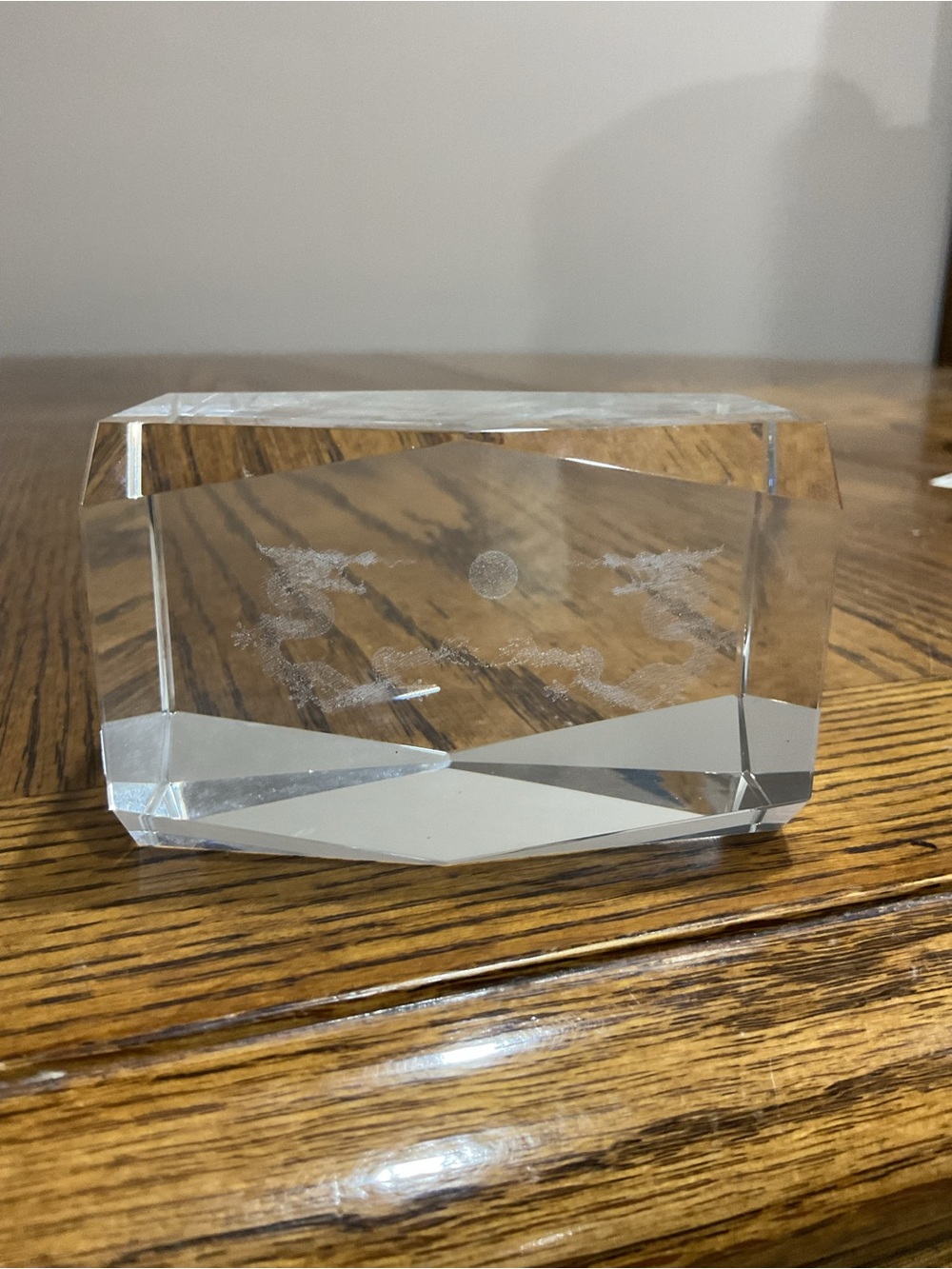 Dragon Crystal Decorative Paperweight Etched Scene 2 dragons sun/ moon between